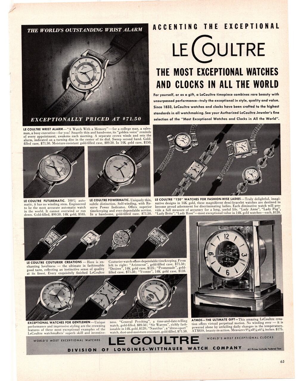 Le Coultre Watch Clock Advertisement 1954 Vintage Fashion Jewelry Time Longines